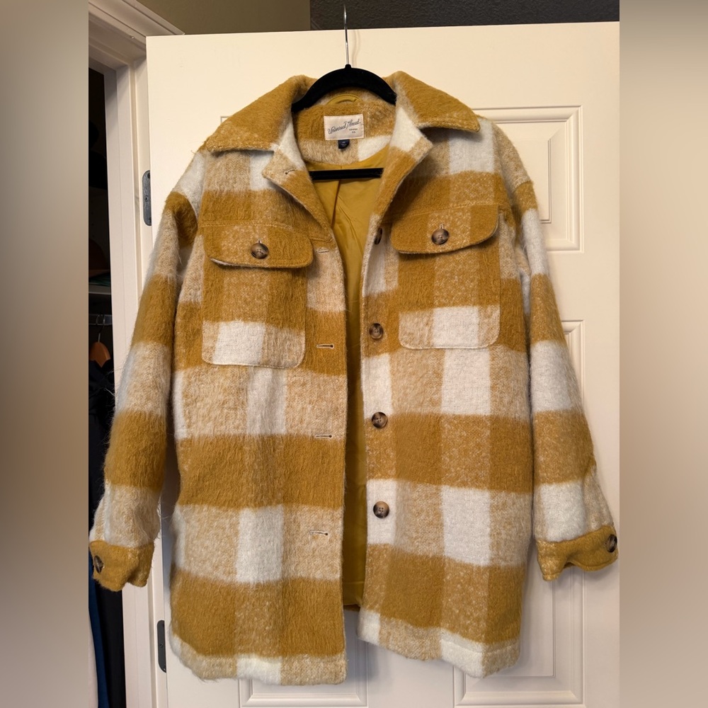 Universal Thread Dragon Moss Plaid Button Front Shacket Mustard Cream si…